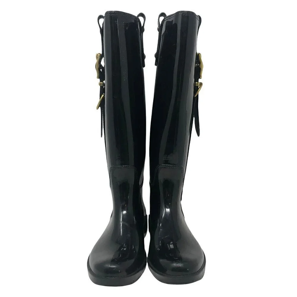 Coach Womens Tasha Riding Rain Boots Black Round Toe Knee High Buckle 7